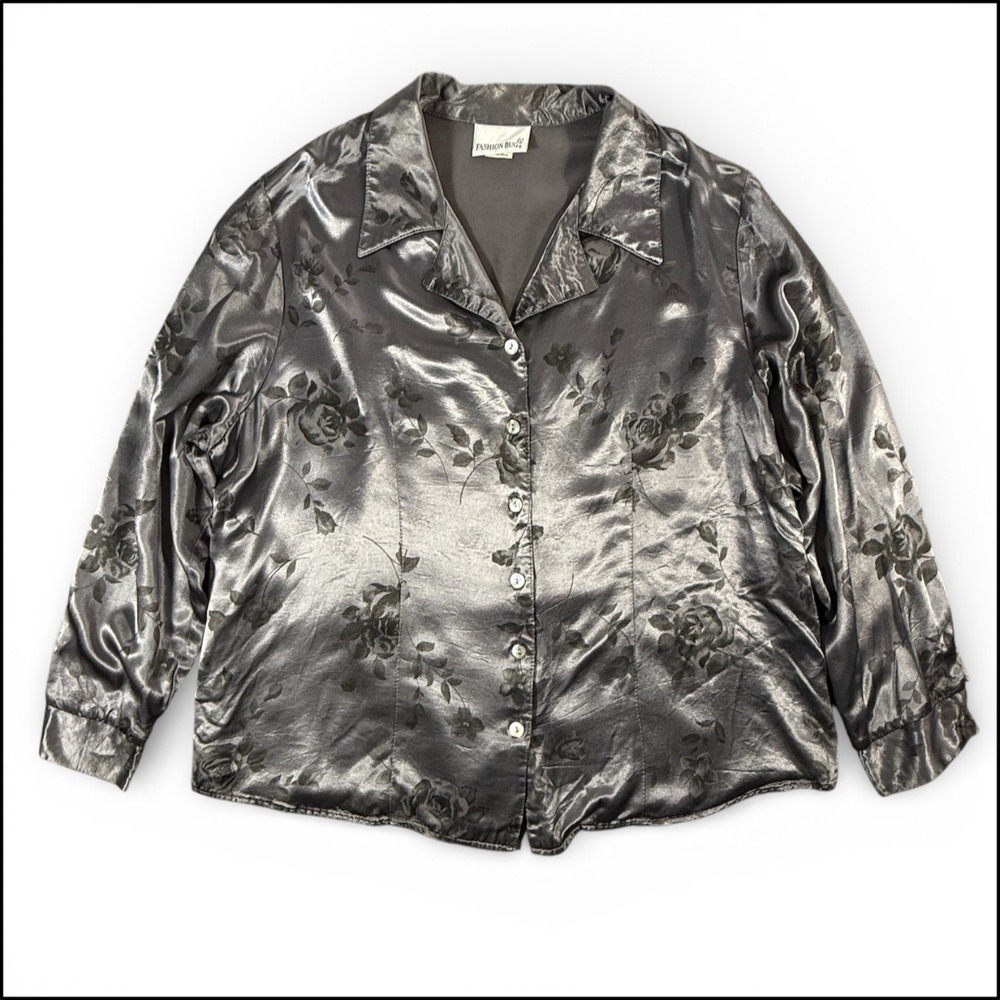 Fashion Bug Womens Size 18 20 Gray Floral Long Sleeve Button Up Shirt Top